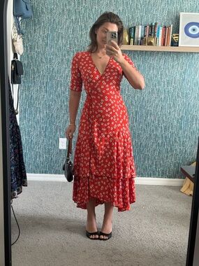 Ganni Silvery Crepe Red Floral Wrap Midi Dress size 38